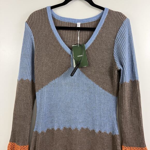 Bohemian Yohers New Colorblock Knit Crochet Ruffle Lace Trim Mini Dress Large - Picture 4 of 15